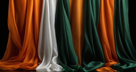 A vibrant and textured image of the Irish flag, showcasing the three colors: green, white, and orange. The fabric is draped and flowing, creating a dynamic and visually appealing composition
