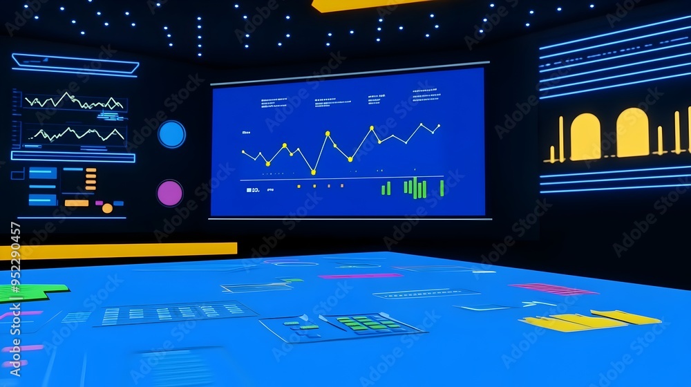 Poster futuristic digital dashboard with data visualization and analytics charts