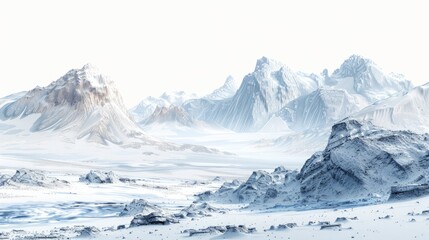 Frozen winter desert landscape with snow on a transparent background. Ice formations and desert look like the surface of an alien planet