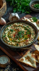 Baba ganoush with olive oil sesame parsley and pita chips photographed with natural light