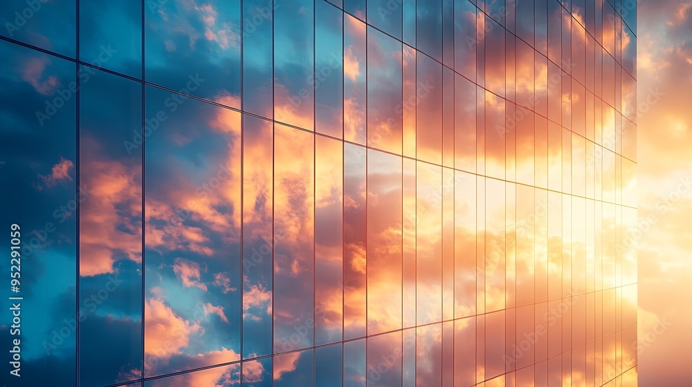 Poster sunset clouds mirrored in glass windows facade of business skyscraper building : generative ai