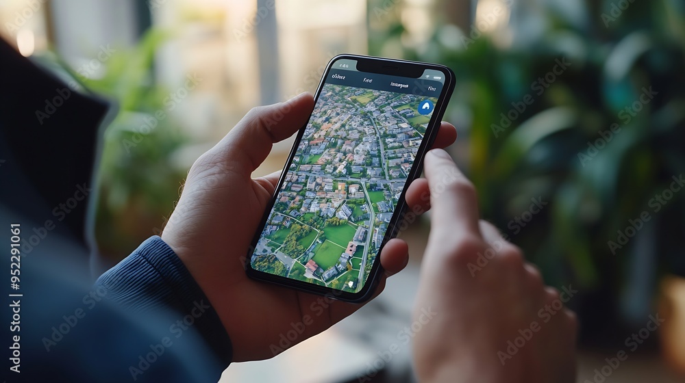 Poster real estate app on phone display in man hand property listings for an effortless home search experie