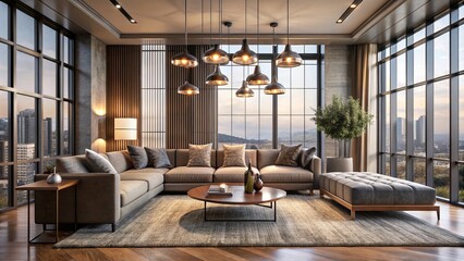 Fototapeta premium Understated elegance defines this space, with an oversized sofa surrounded by industrial-chic lights, plush rug, and statement table, set against floor-to-ceiling glass.
