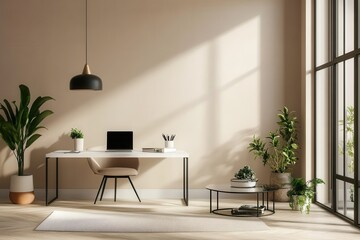 A modern workspace featuring a desk, plants, and natural light.