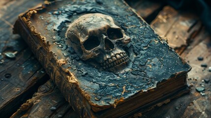 An evil old book of death with a skull on the leather cover. Its worn appearance and eerie design create an impression of danger and mystical power