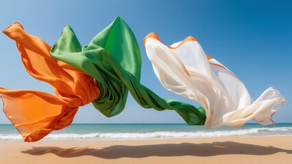 The Irish flag waving in the wind against a clear blue sky with fluffy clouds. The colors green, white, and orange are beautifully displayed, symbolizing the nation's pride and unity