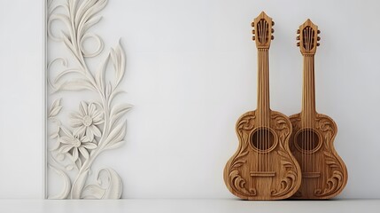 Naklejka premium Spanish Flamenco Guitar Relief: Hand-Carved Wood Art Embodies Heritage