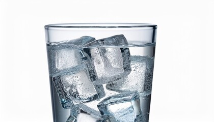 close up of a glass filled with sparkling water and ice cubes refreshing beverage isolated on a white background