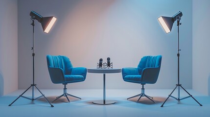 Two blue chairs and a table with microphones set up in a studio.