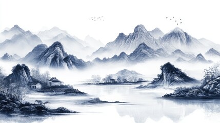 Obraz premium A traditional Chinese ink painting of mountains and rivers. No people, copy space.