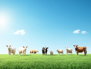 Fototapeta premium A group of cows standing on a green pasture under a clear blue sky, showing farm life and nature during a sunny day.