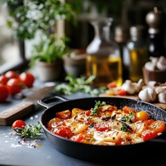 Fototapeta premium Close up of traditional Mediterranean meal with tomatoes and olive oil displayed on a rustic kitchen table.