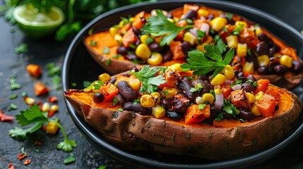 Baked sweet potatoes with corn and black beans inside