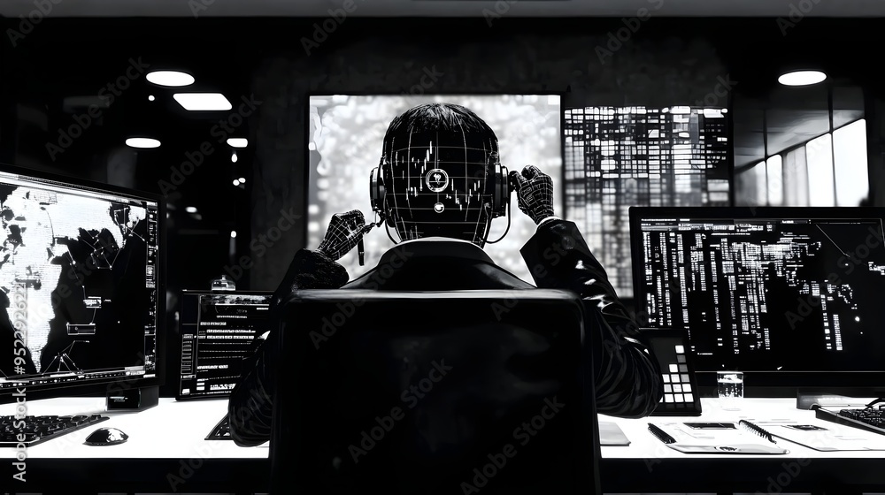 Poster concentrated trader examining financial data on multiple screens in dark office environment