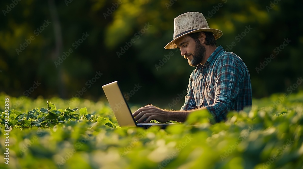 Aufkleber enhancing crop productivity farmer analyzing and optimizing smart farming techniques on laptop : gen
