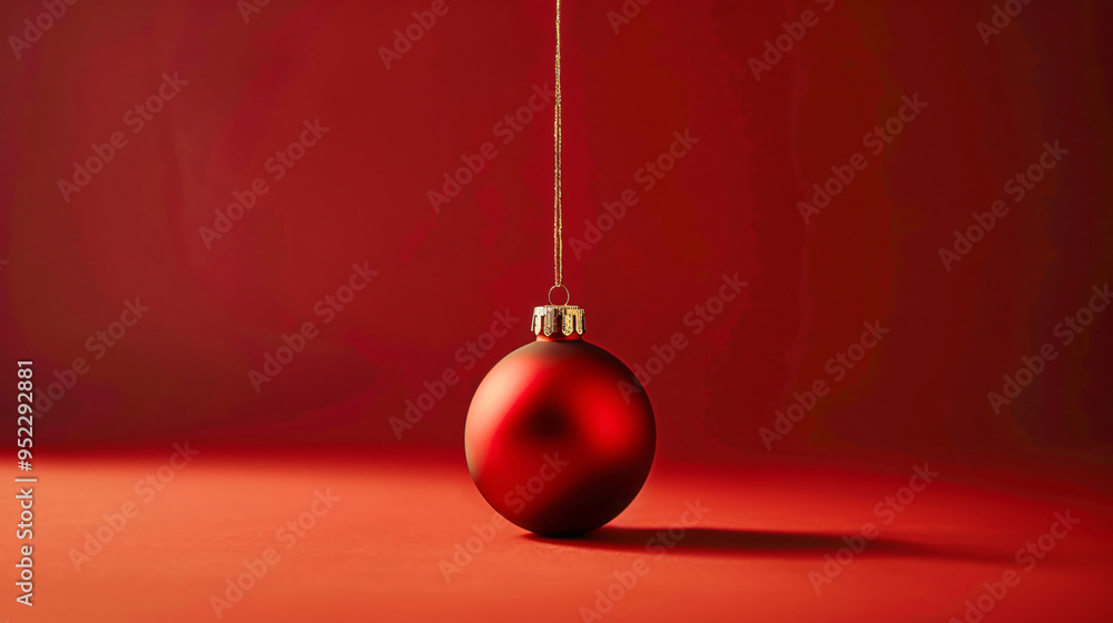 Aufkleber single red christmas ornament hanging on a gold string against a red background, casting a soft shad
