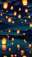 Countless lanterns floating in the night sky, illuminating the darkness with their warm glow. The scene is both magical and serene, perfect for festivals like Mid-Autumn Festival or Diwali