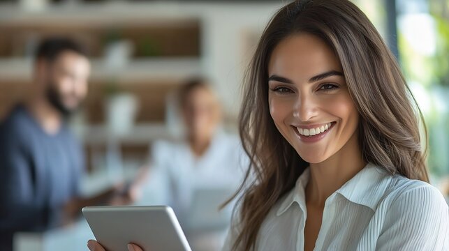 Happy real estate agent using digital tablet with her clients during consultations in the office Copy space : Generative AI