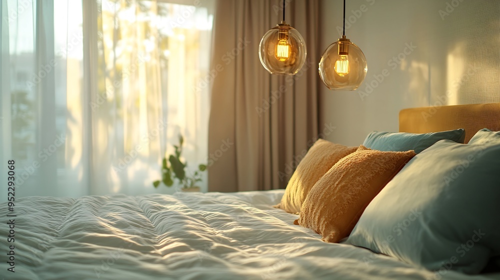 Poster Stylish bedroom with an empty king sized bed and pendant light fixtures natural sun light from the window Kingsize bed with puffy pillows Close up copy space background : Generative AI