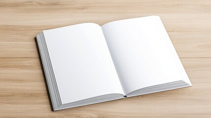Fototapeta premium Open blank book on a wooden table. Ideal for writing, journaling, or sketching. High-quality image suitable for various creative projects.