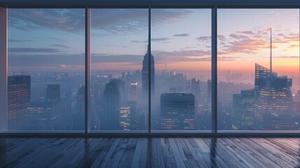 An empty room with large windows through which you can see the city wrapped in morning fog