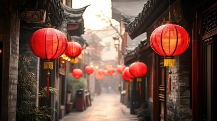 Naklejka premium A traditional Chinese street with red lanterns hanging above. No people, copy space.