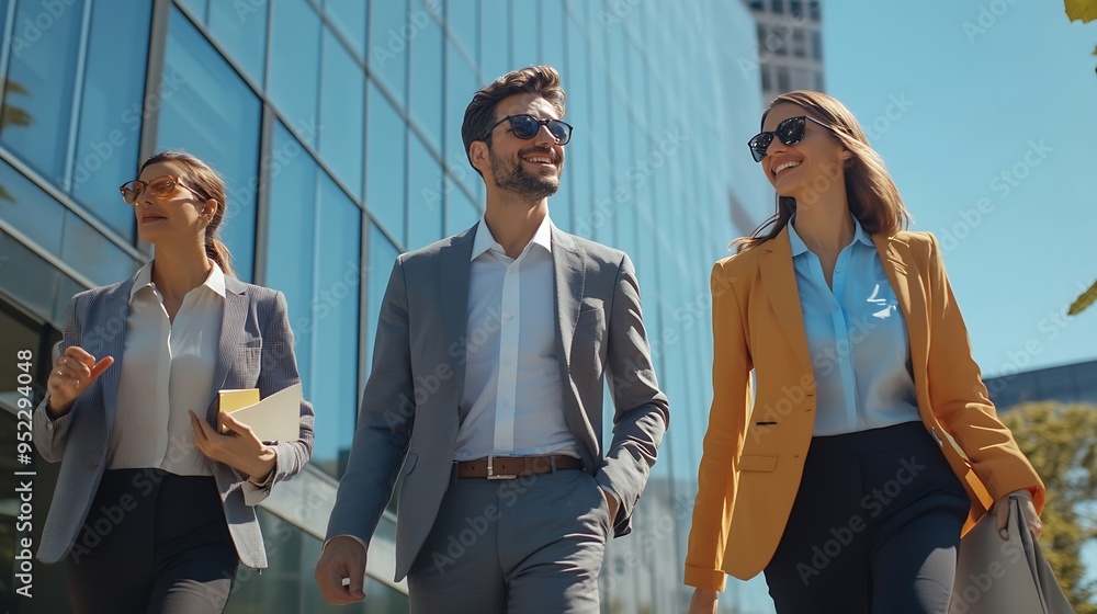 Poster group of business people walking outside in front of office buildings successful colleagues talking 