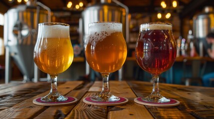 Naklejka premium Three distinct glasses of beer sit on a wooden table in a rustic brewery. Each glass shows unique colors and froth. Ideal for food and drink enthusiasts. AI