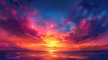 Fototapeta premium The darkness of the night sky is dominated by a dark blue shade that turns purple and orange-yellow near the horizon. Shades are mixed in a smooth gradient, as if the world is waking up to a new day