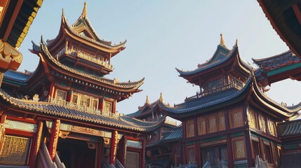Fototapeta premium Traditional Chinese architecture with pagodas and ornate roofs. No people, clear blue sky.