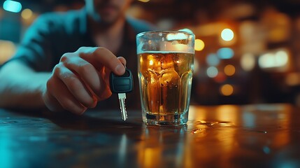 Drunk man reaching for car keys at table closeup Dont drink and drive concept : Generative AI