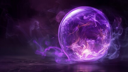Bright purple light sphere, covered with tongues of fire, on a contrasting black background