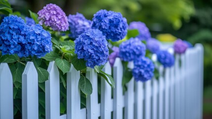 Obraz premium White picket fence with blooming hydrangeas in a cottage garden