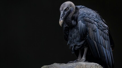 A black vulture with a predatory look sits on a rock, contrasting with the black background. Its ominous facial expression and dark feathers emphasize the threatening nature of this bird