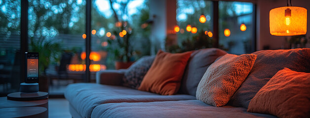 wide horizontal background cover banner photo of wifi smart home assistant control device glowing on a modern interior living area with sofa and coffee table       