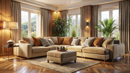 Warm golden light envelops a plush velvet sofa, set amidst a serene living room with subtle texture and soft curves, inviting relaxation.