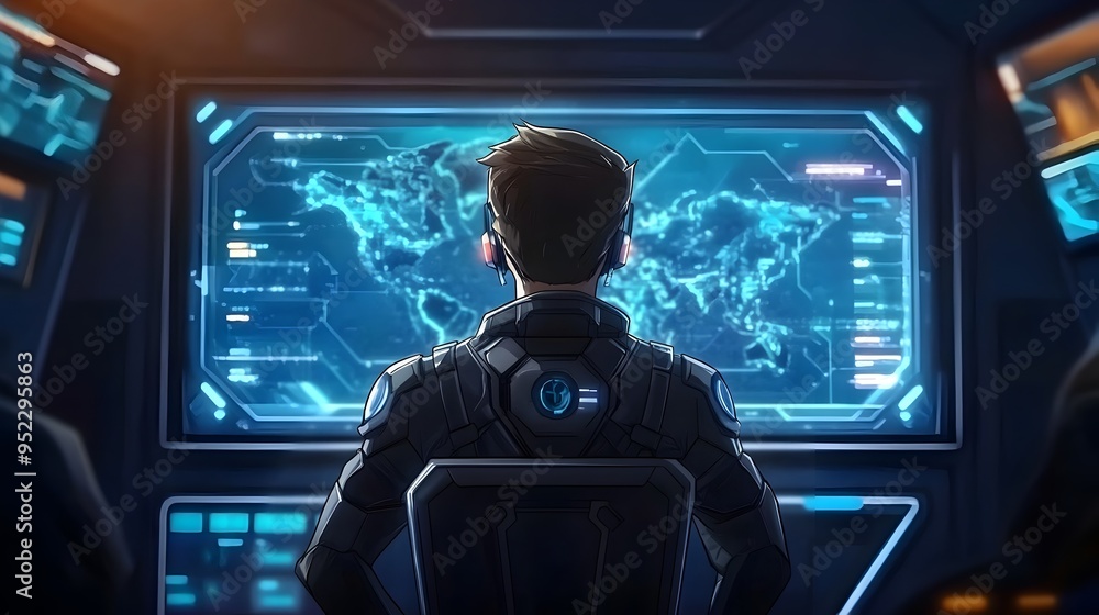 Poster futuristic digital interface with global data visualization and strategic decision making controls