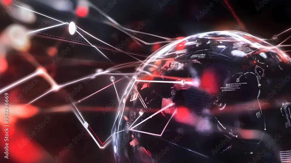 Poster glowing digital sphere with abstract interconnected network of lights and lines