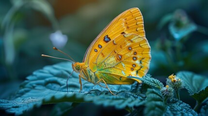 A yellow butterfly flutters between the flowers, creating a feeling of fabulousness. Its colorful wings are the true embodiment of beauty and tenderness