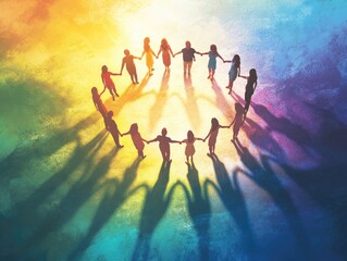 Diverse Group Holding Hands in Circle with Rainbow Shadows on Colorful Background