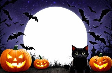 Halloween pumpkin and black cat against the backdrop of the full moon and bats. Night