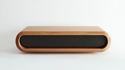 A sleek wooden media console with a minimalist design and a black front panel.