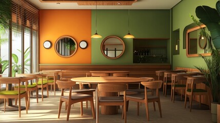 Interior Design Featuring a Wooden Round Table and Chairs in a Modern Dining Room with Green and Orange Walls. Stylish Cafe, Bar, or Restaurant Setting with a Contemporary Home Interior Feel.