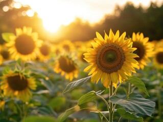 Fototapeta premium Sunlit Sunflower Field at Sunrise - Vibrant Yellow Blossoms in a Tranquil Nature Setting