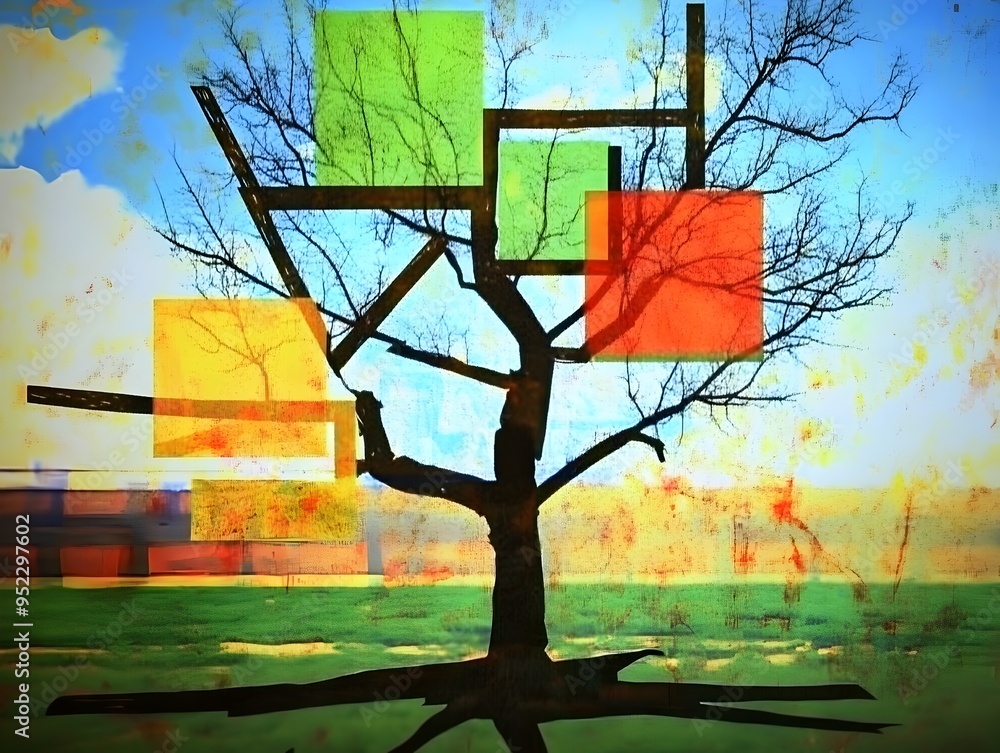 Aufkleber vibrant abstract tree landscape with geometric shapes and colorful patterns