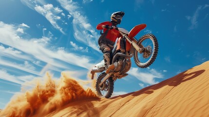 A young motorcyclist demonstrates his skills by performing extreme stunts among the golden sands of the desert under a clear blue sky