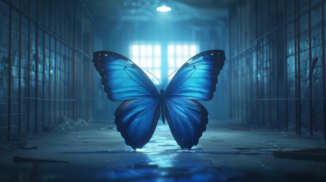 In the cold walls of a prison, a blue butterfly reminds us of unattainable freedom