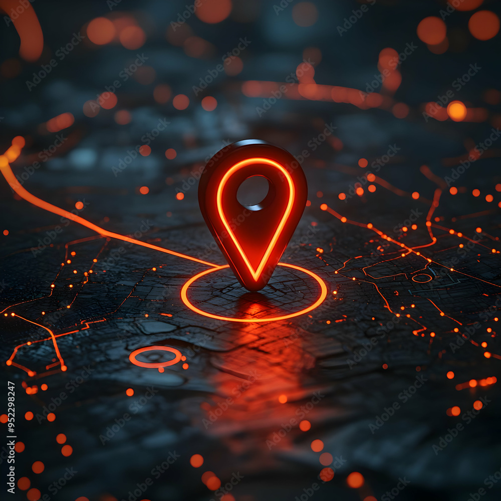 Poster a glowing location pin on a dark map, representing modern navigation and technology in urban environ