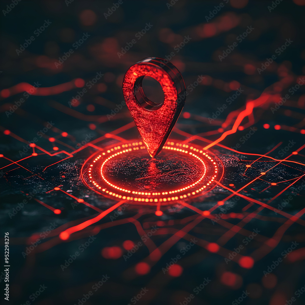 Poster futuristic red location pin on a digital map, representing navigation and technology, perfect for tr