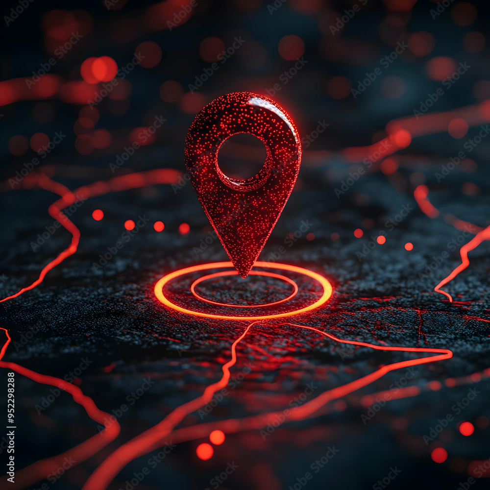 Poster a striking 3d representation of a glowing red location pin on a dark textured surface, symbolizing n